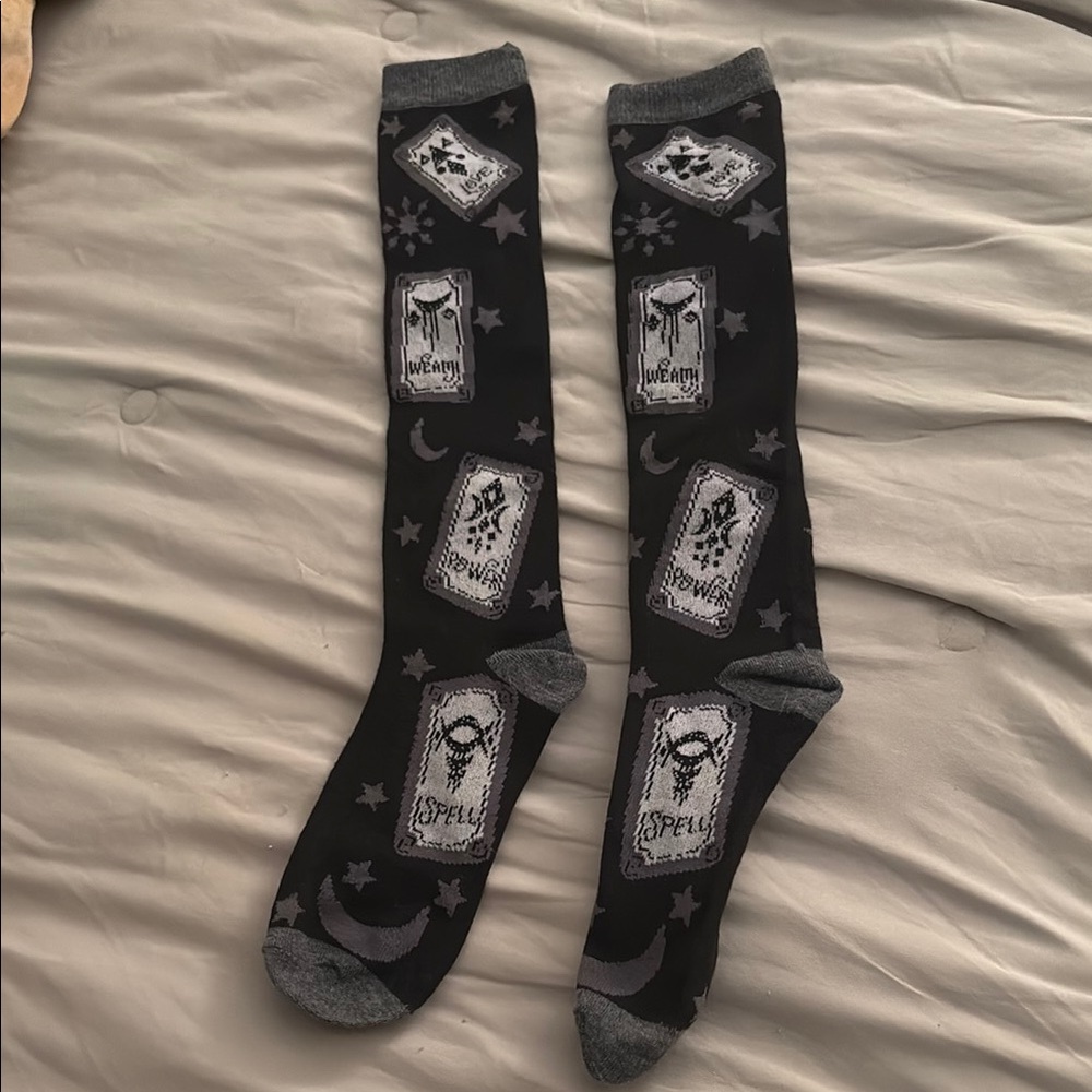 Black Patterned Tarot High Knee Socks